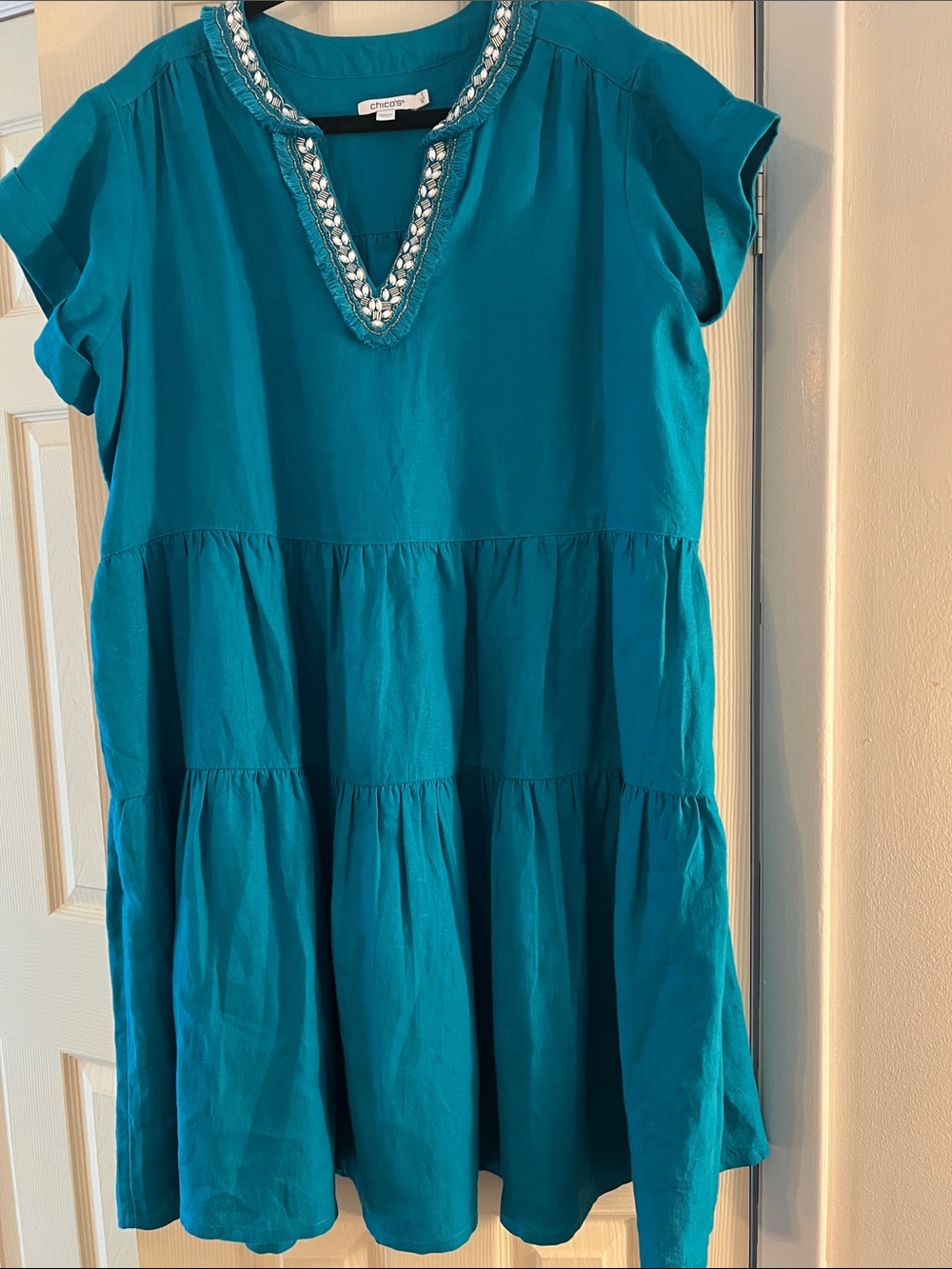 Chico's Teal Linen Tiered Short-Sleeve Dress with Beaded V-Neck